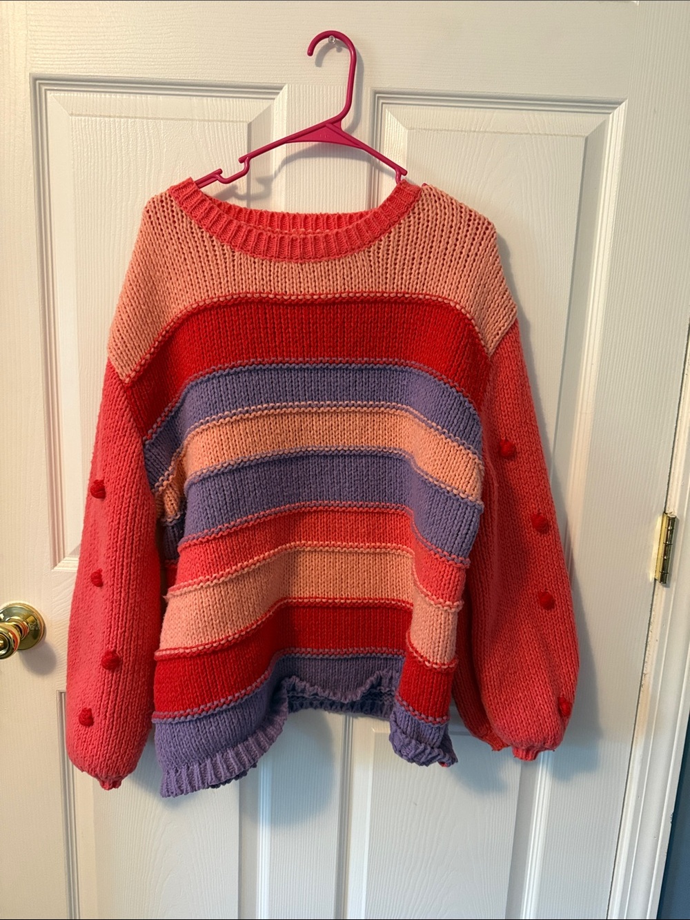 Umgee Striped Pom-Pom Crewneck Sweater in Coral, Red & Purple